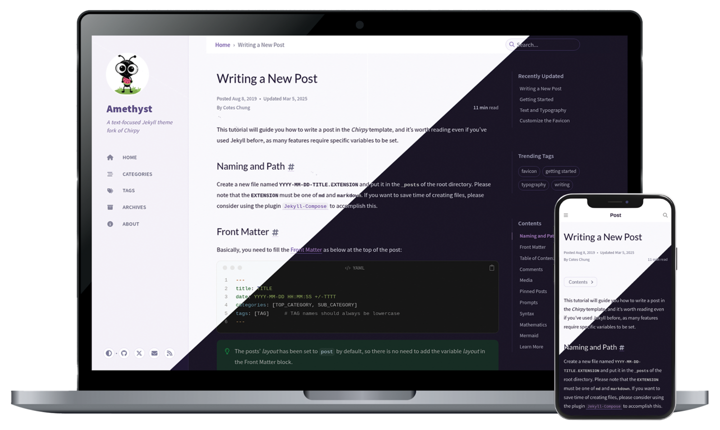 Responsive rendering of Chirpy theme on multiple devices.